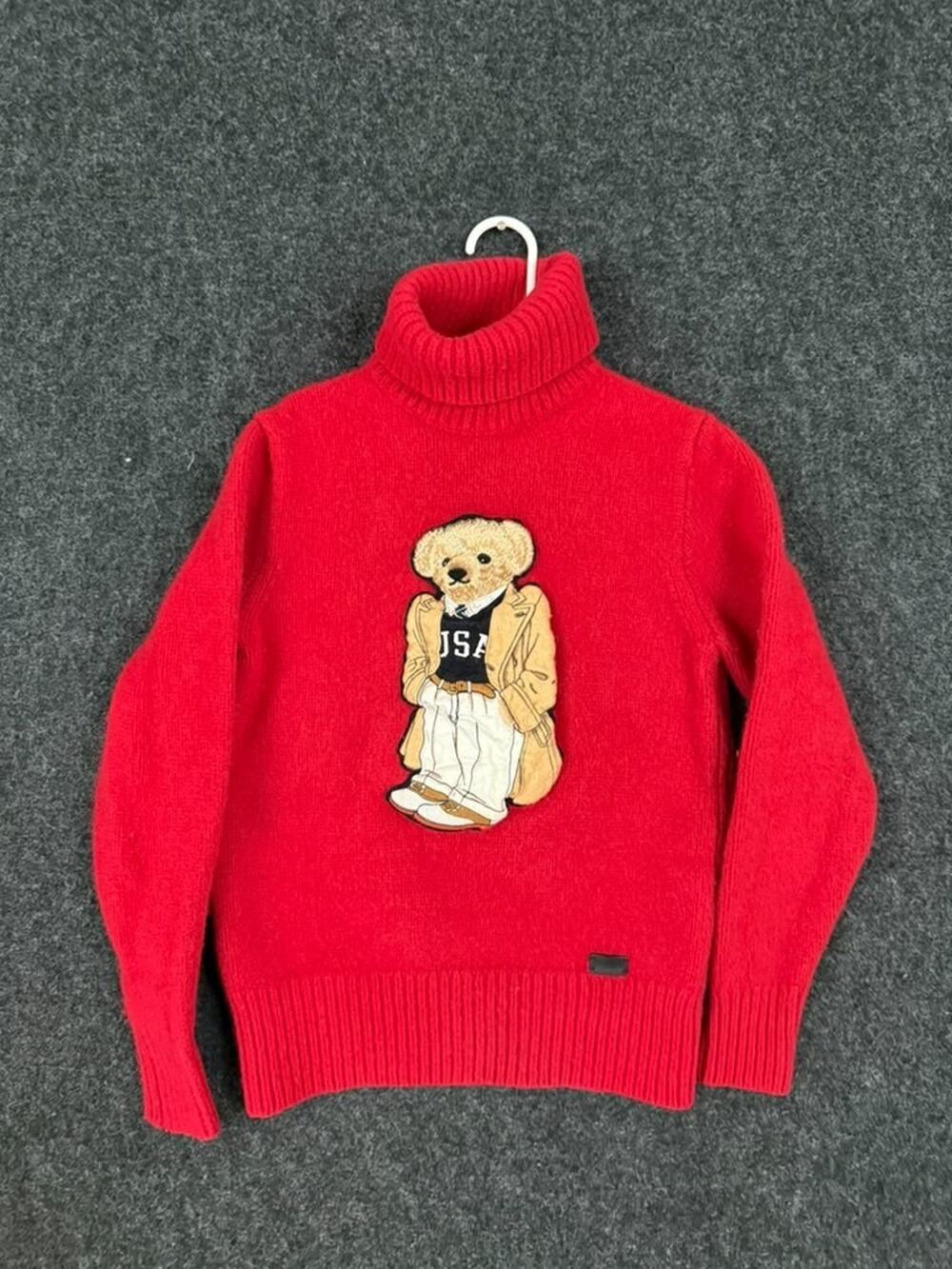 Polo Ralph Lauren red wool/cashmere turtleneck with bear appliqué Small